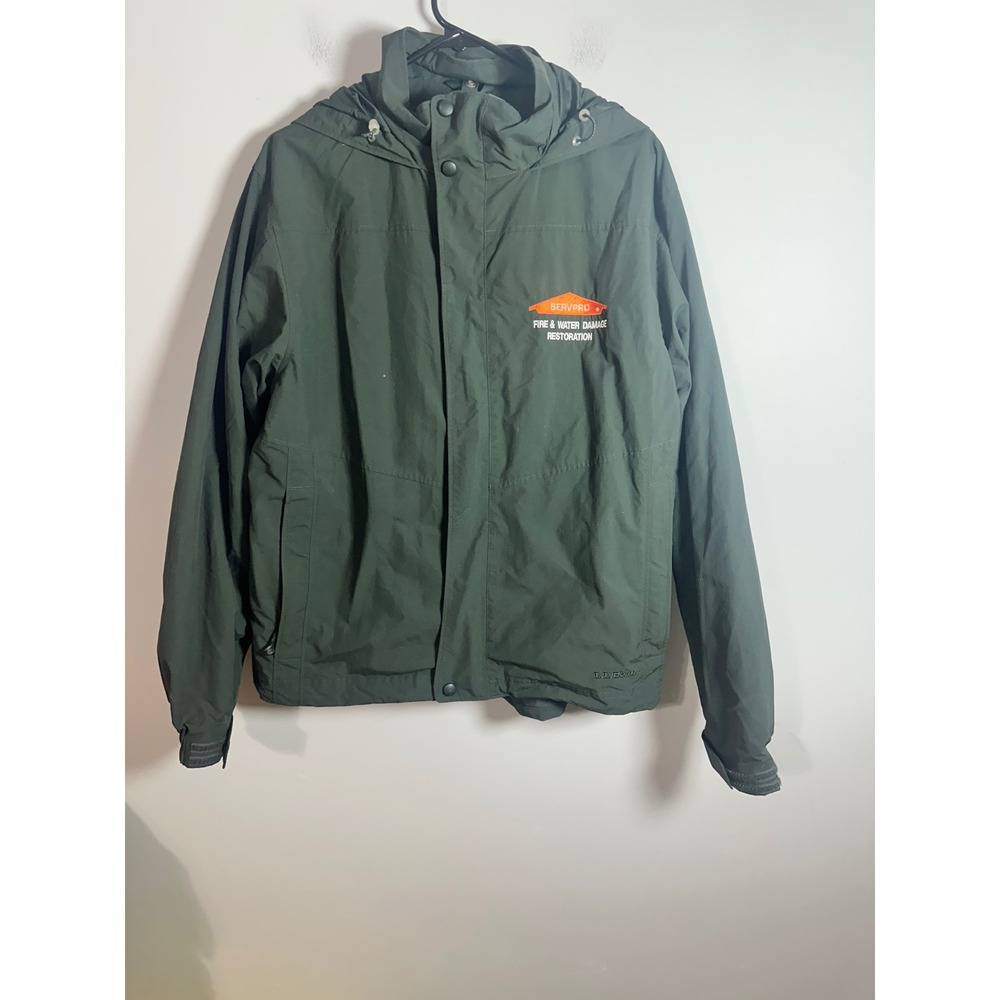 LL Bean Mens Medium Green Hooded Rain Jacket Servpro Restoration Windbreaker